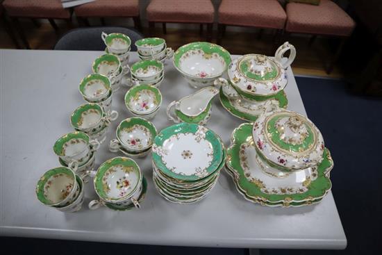 A Victorian Nash & Co part tea service, with floral decoration on a gilt-heightened apple green ground (faults)